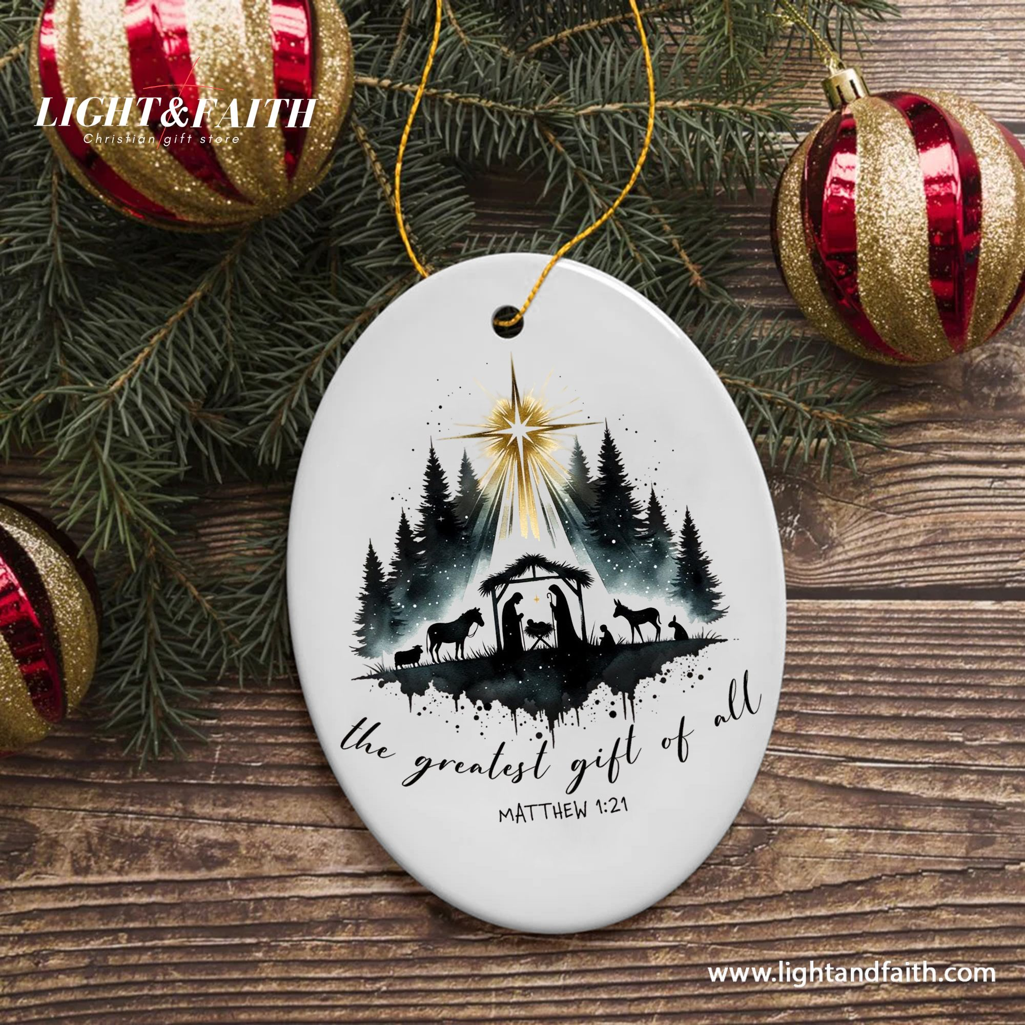 Nativity Scene Christmas Ornament, The Greatest Gift of All Matthew 1:21, Christian Holiday Decoration, Holy Family Religious Xmas Decor DCLAF47